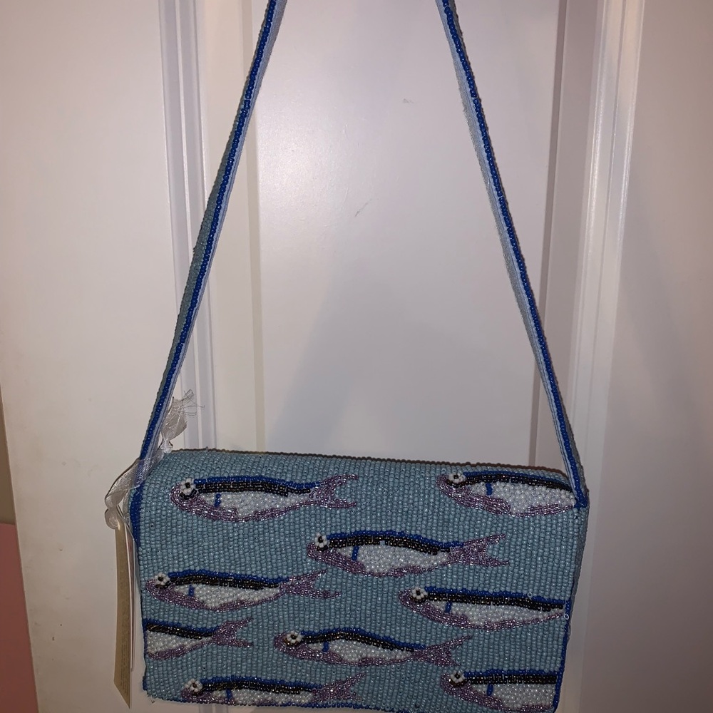 Viral Blue Fish Patterned Beaded Bag